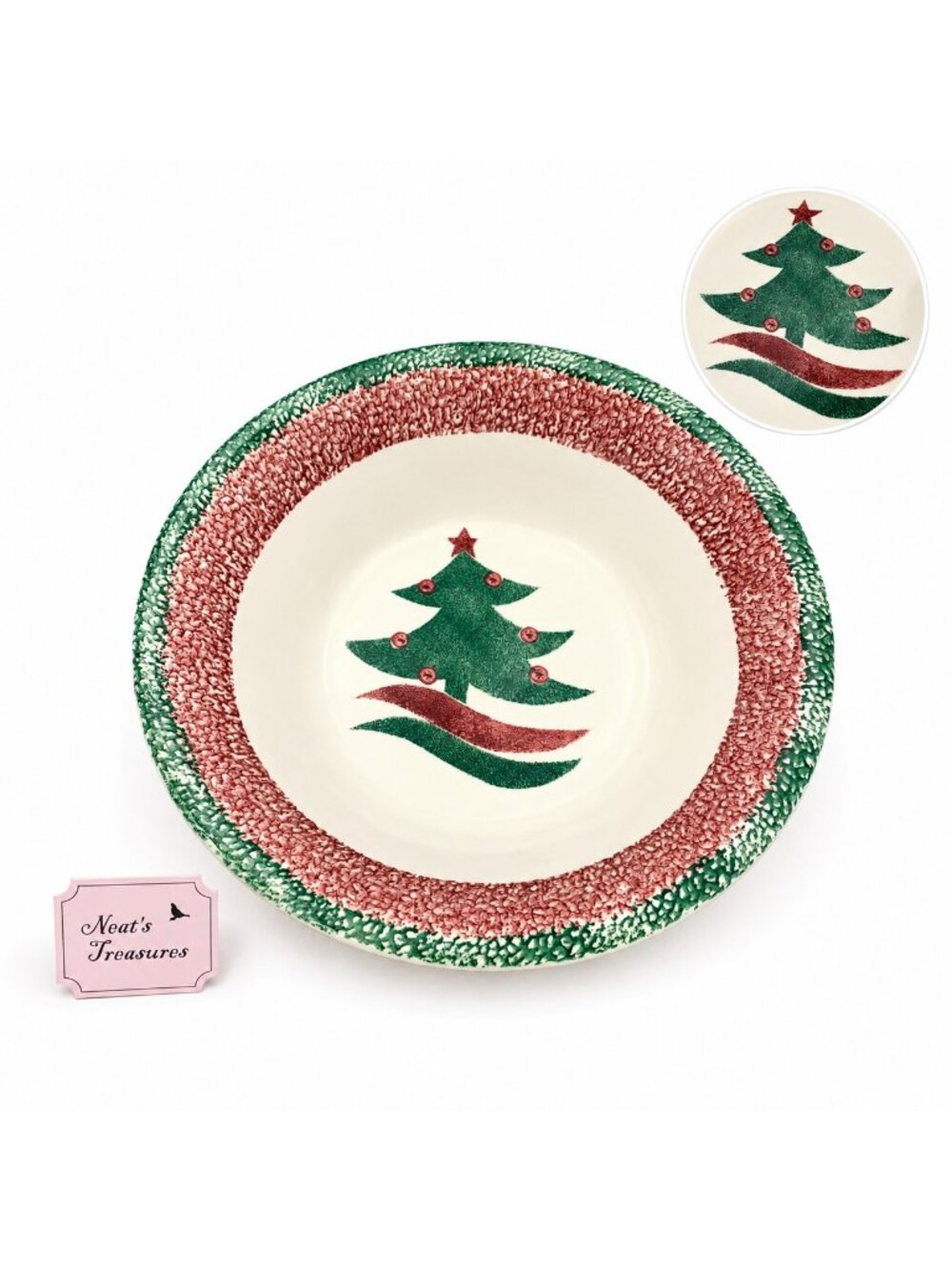 Gibson CHRISTMAS STAR Large Stoneware Red Green Sponged Tree Large Serving Bowl